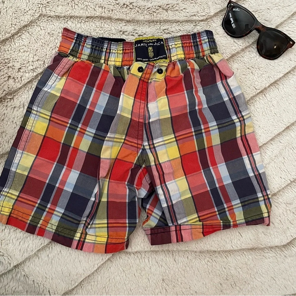 KIDS: Janie and Jack Coral Plaid Swim Trunks
